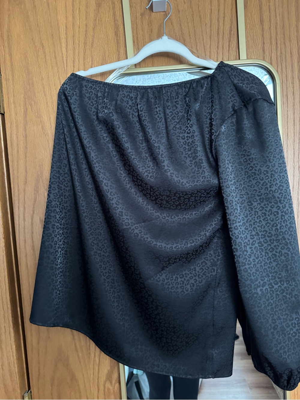 Black Satin Leopard-Print One-Shoulder Blouse